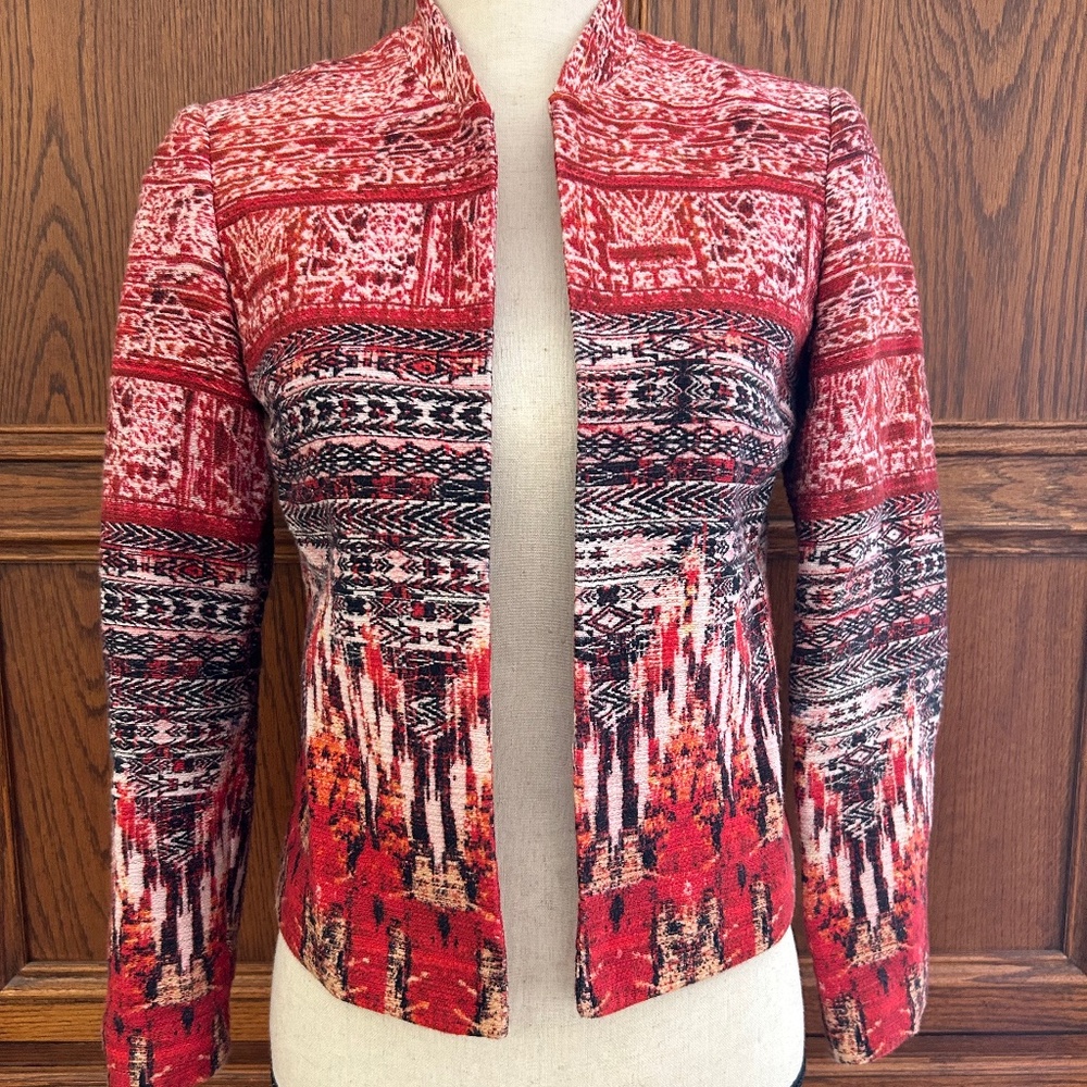 H&M Red Open Front Blazer Jacket, Linen/cotton blend , Textured Aztec Print sz 2